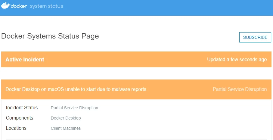 Docker's service status page