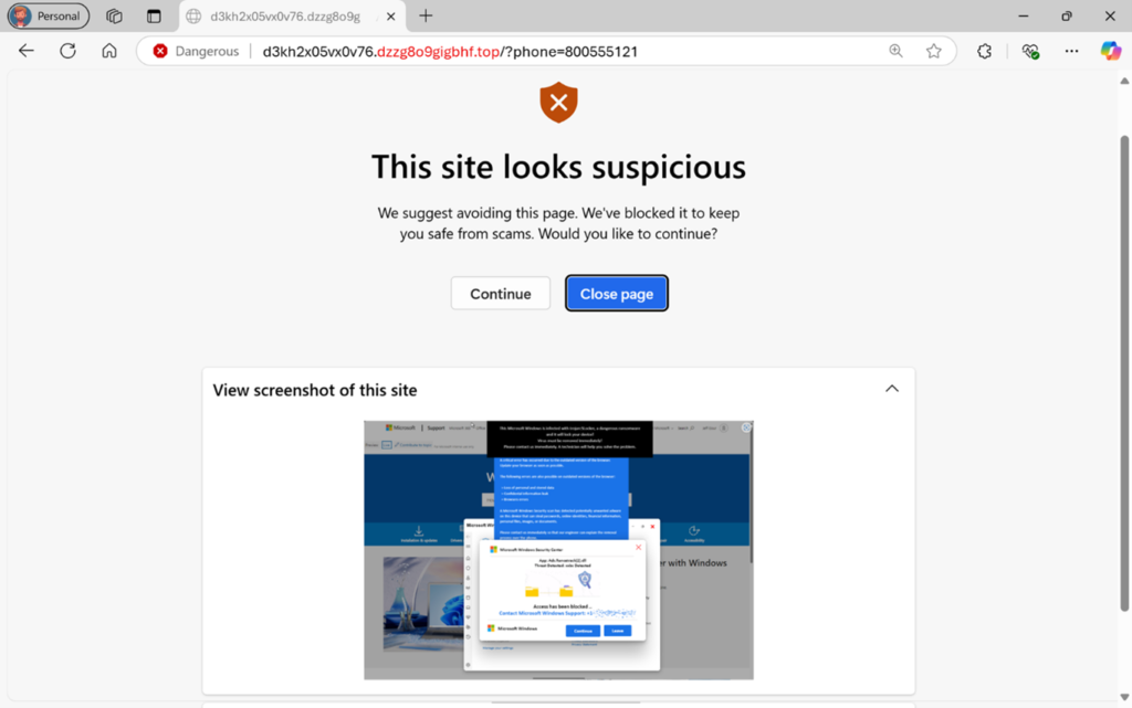 Edge scareware blocker warning (Microsoft)