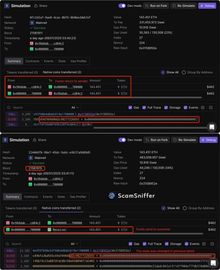 Initial simulation (top) and manipulated transaction (bottom)