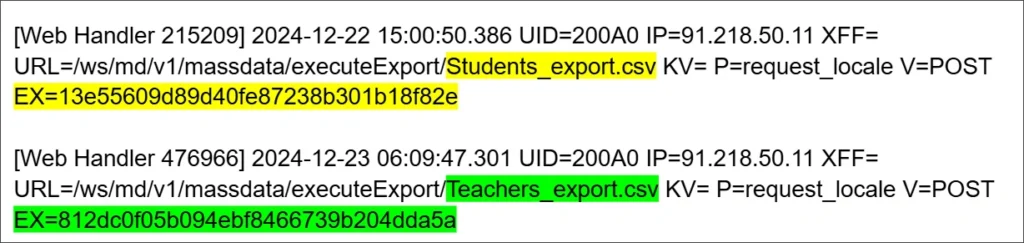 Logs showing data exfiltration by the attacker at the 91.218.50.11 ip address