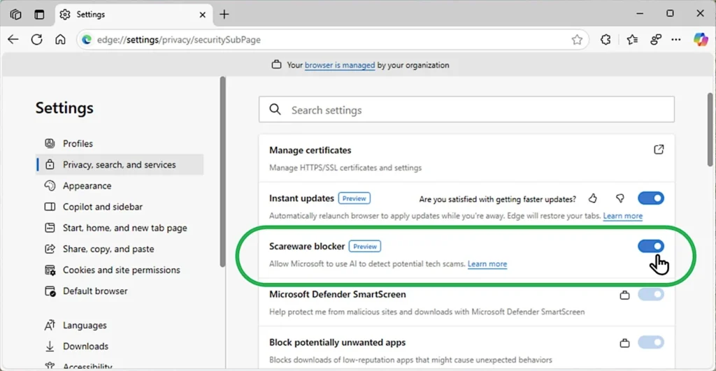 Scareware blocker settings (Microsoft)