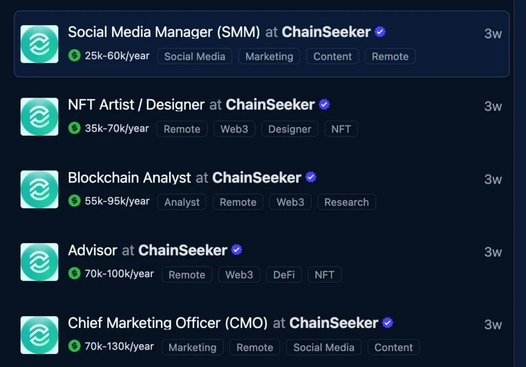 ChainSeeker jobs promoted on CryptoJobsList