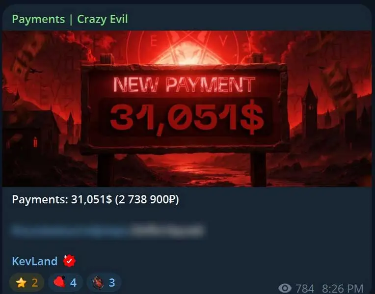 Crazy Evil payment posted to Telegram