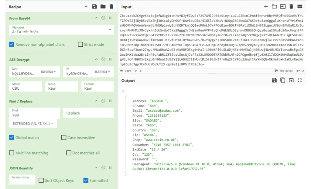 (Decrypted) sample of the exfiltrated data