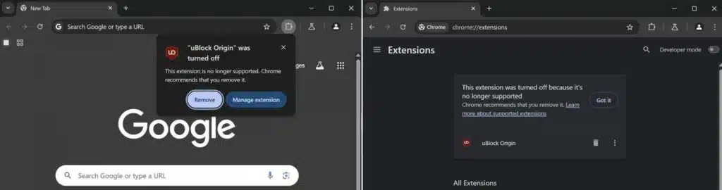 Google turns off uBlock Origin extension due to Manifest V3 rollout