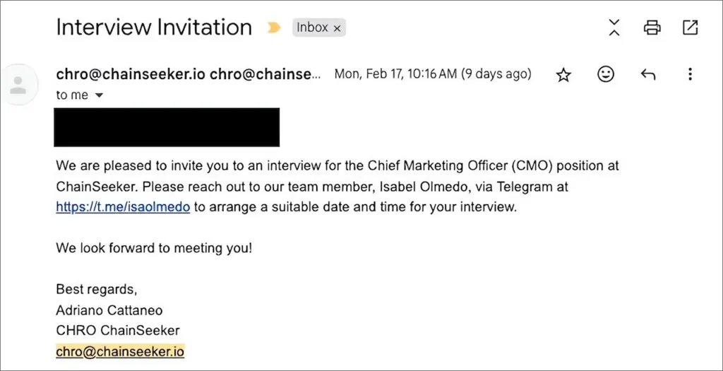 Interview invitation from fake ChainSeeker company