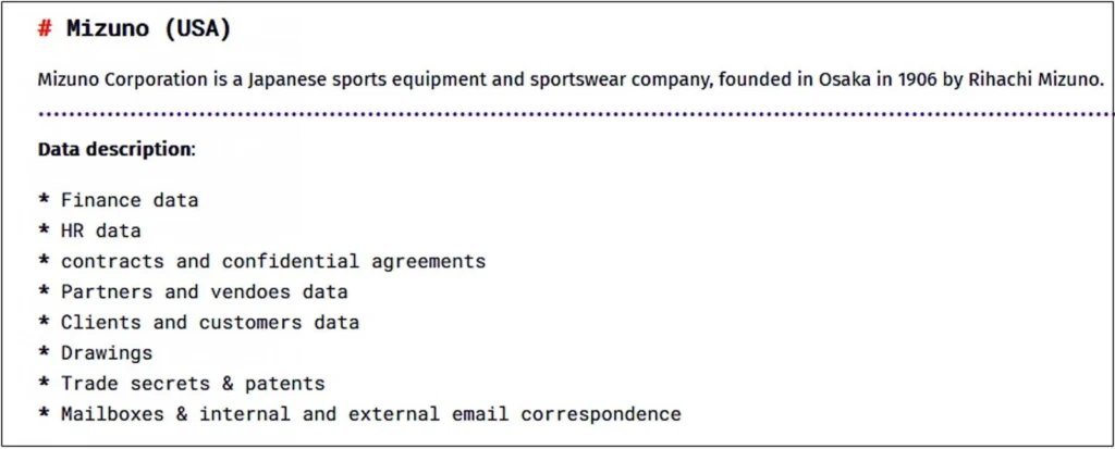 Mizuno entry on BianLian's leak site (HackManac)​​​