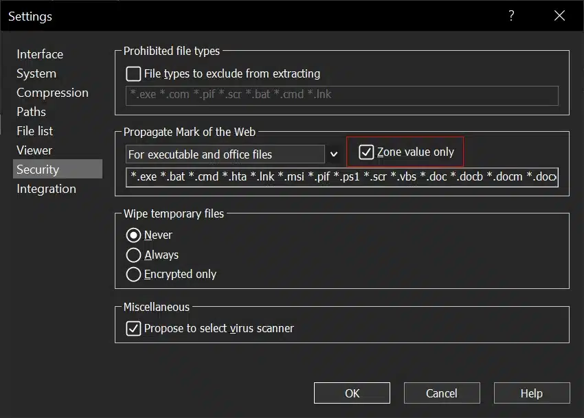 MoTW settings in WinRAR 7.10