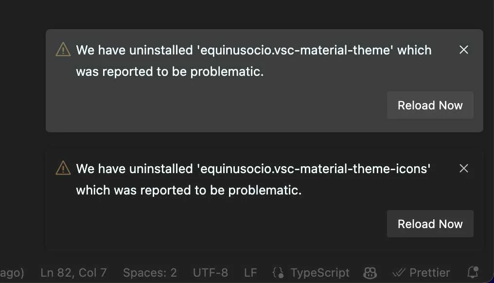 VSCode automatically removing Material Theme extensions