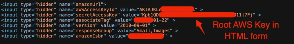 AWS root key in front-end HTML