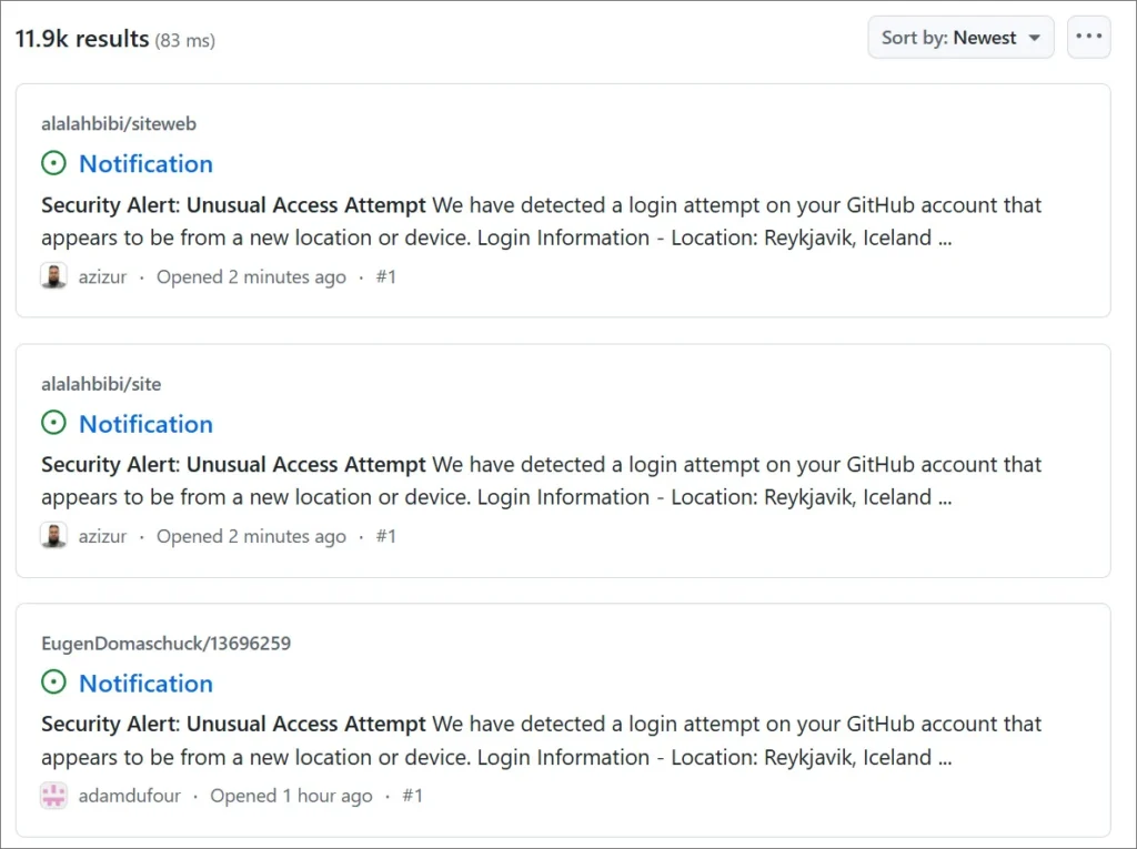 Fake security alert issues created in GitHub repositories