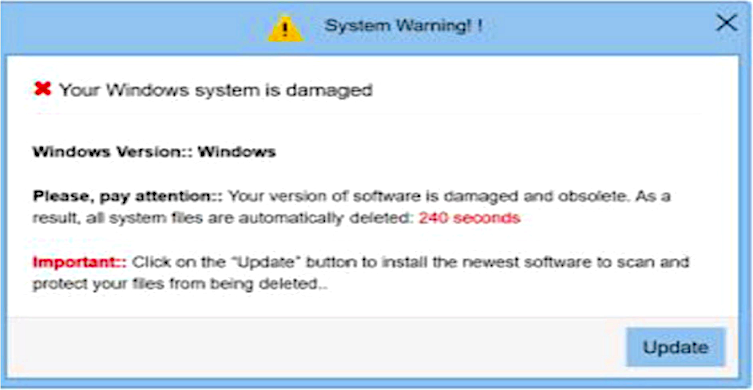 Fake system warning pop-up (FTC)