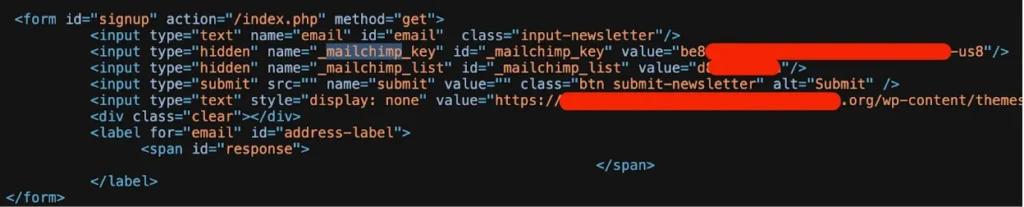 MailChimp API key leaked in front-end HTML