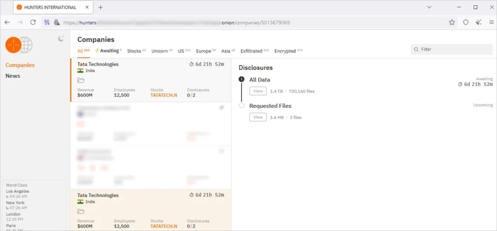 Tata Technologies listed on Hunters International extortion page
