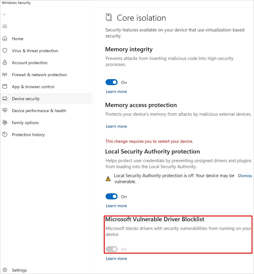 Windows setting for vulnerable drivers blocklist