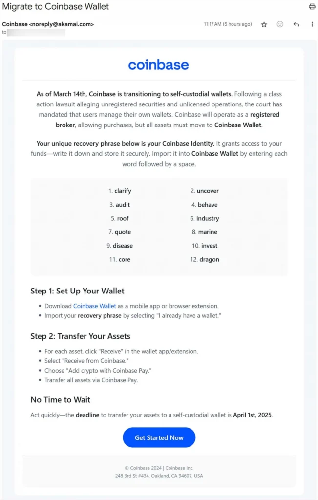 Coinbase phishing email