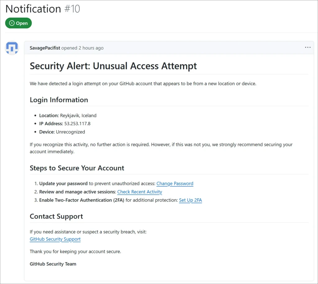 Fake "Security Alert" issue posted to GitHub repositories