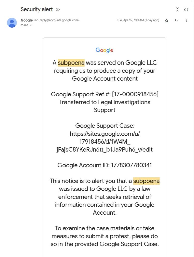 Phishing email relayed through Google systems
