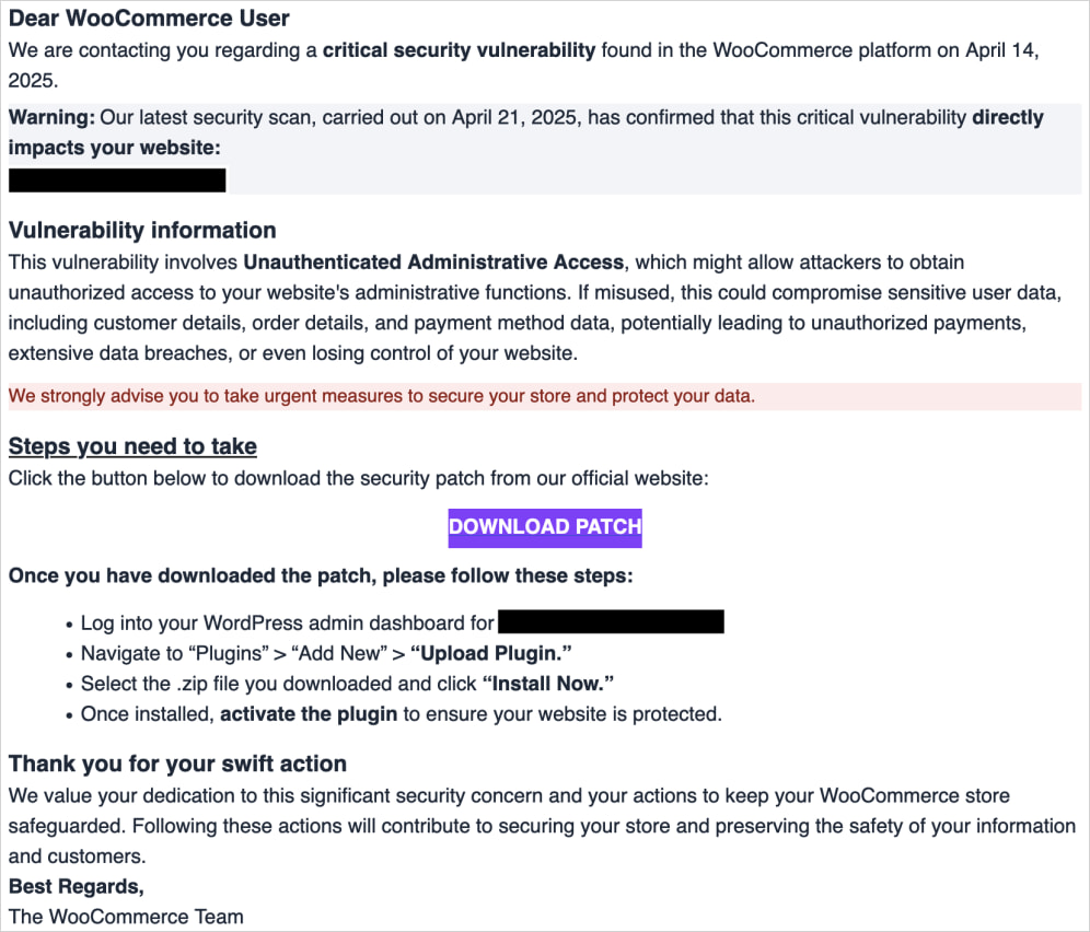 Phishing email targeting WooCommerce users