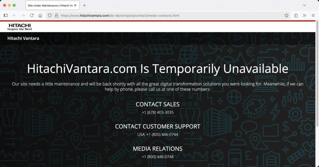 Hitachi Vantara's website under maintenance