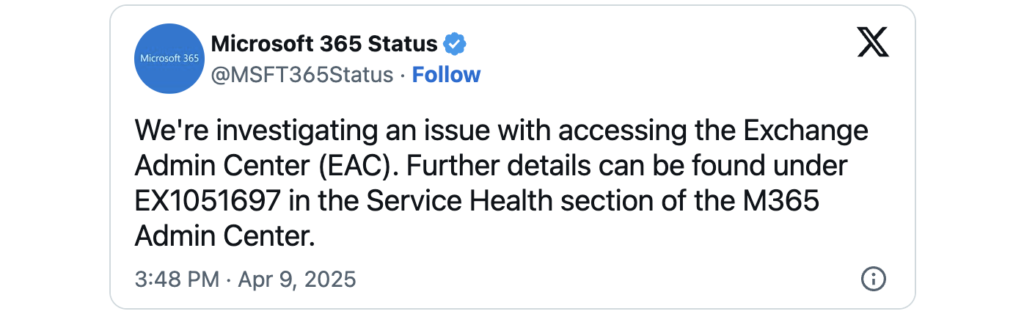 Microsoft Exchange admin center outage