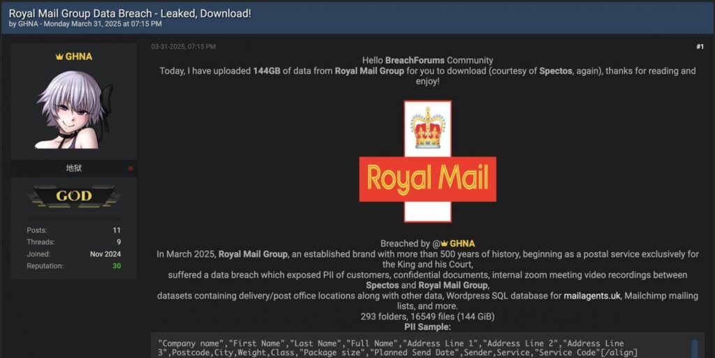 Royal Mail leak on BreachForums