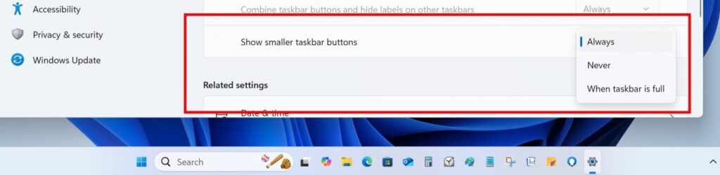 Taskbar icon scaling settings (Microsoft)