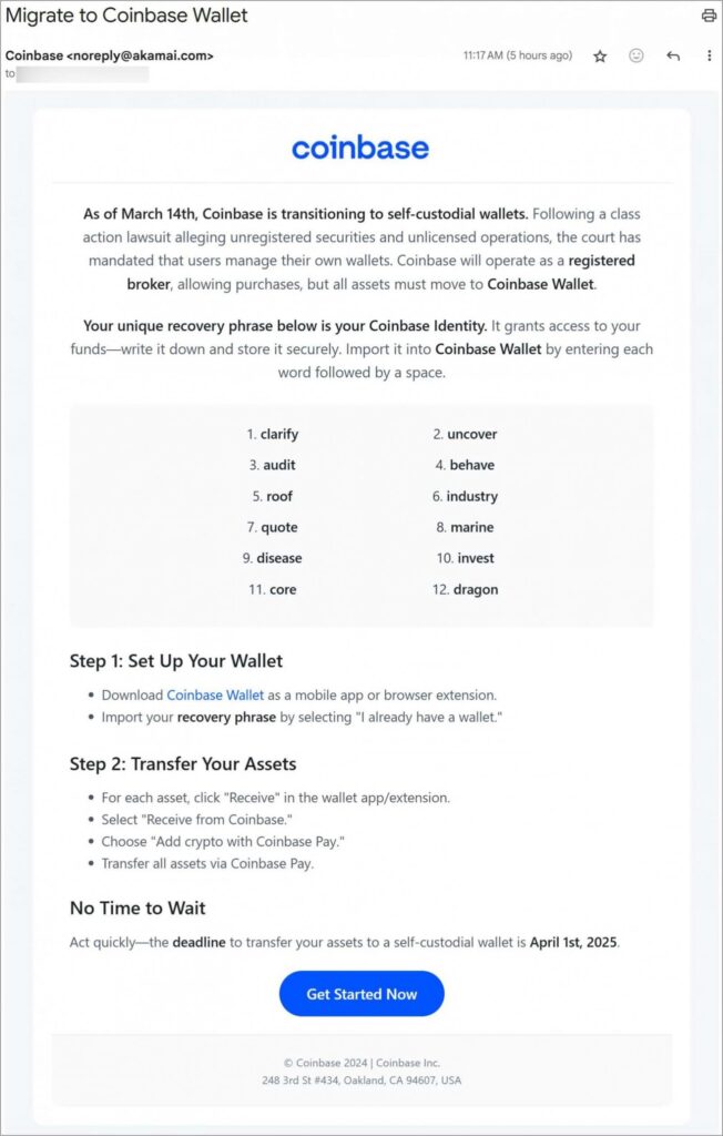 Coinbase-themed email with seeds for the victim to use