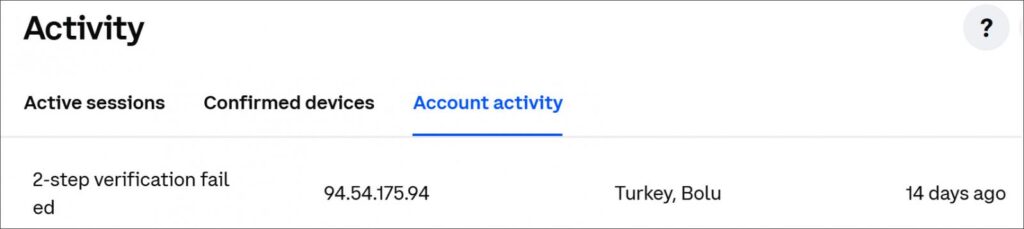 Coinbase account activity showing 2-step verification failed message.