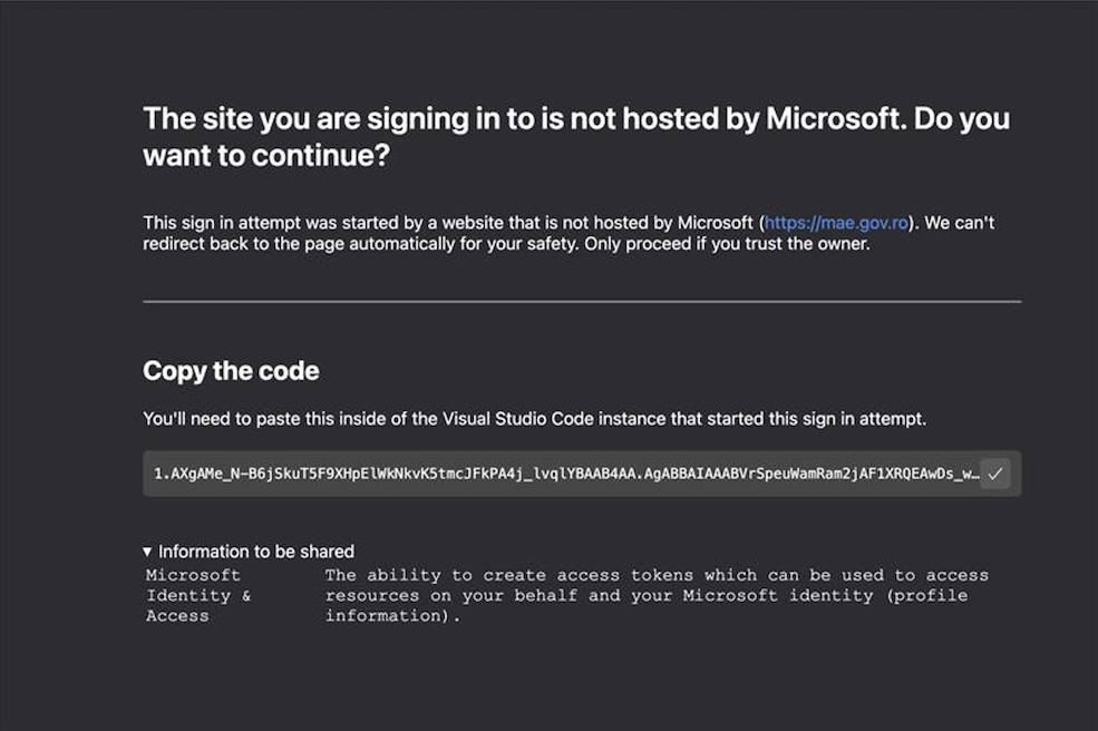 Landing page providing the OAuth 2.0 authorization code