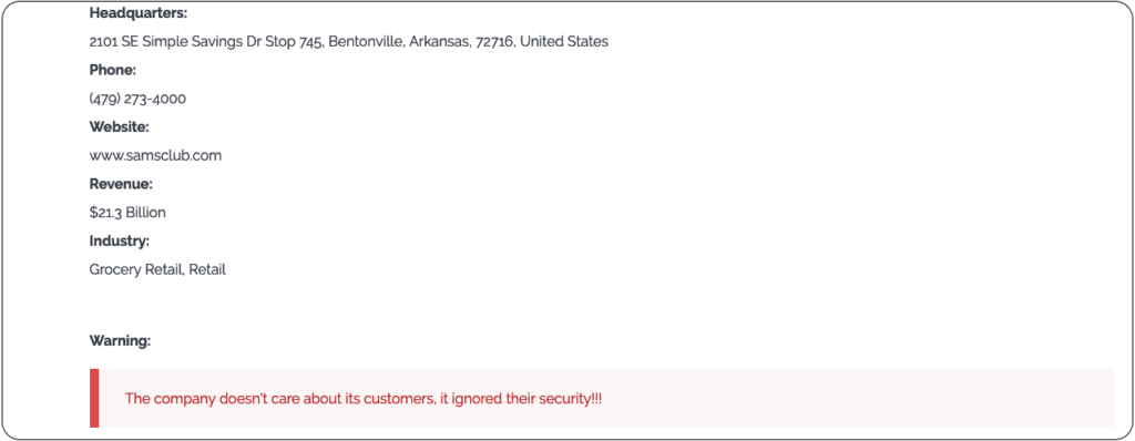 Sam's Club entry on Clop's site