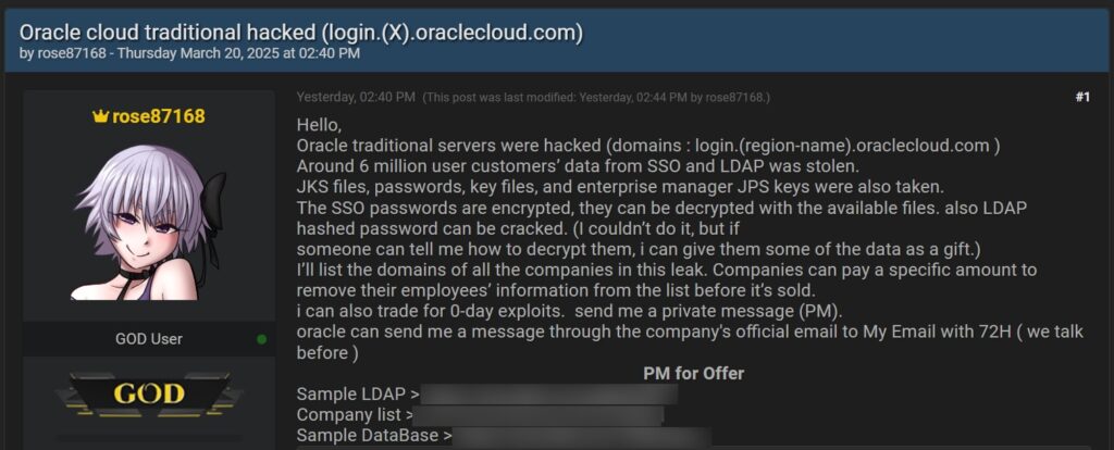 Threat actor selling data allegedly stolen from Oracle Cloud