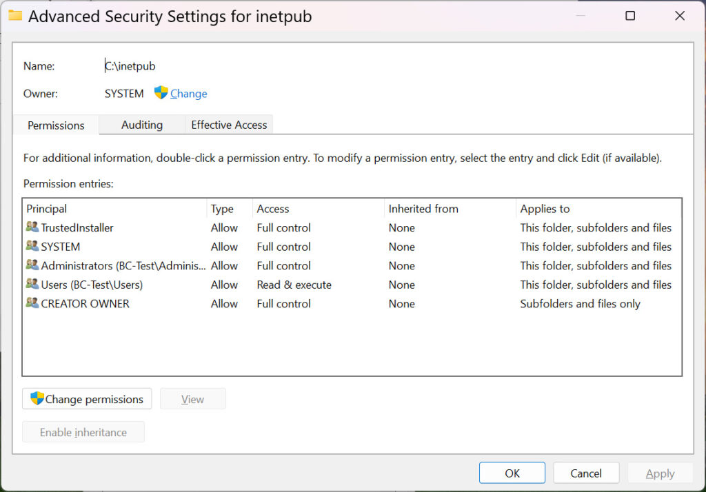 Advanced security settings dialog for C:\inetpub folder