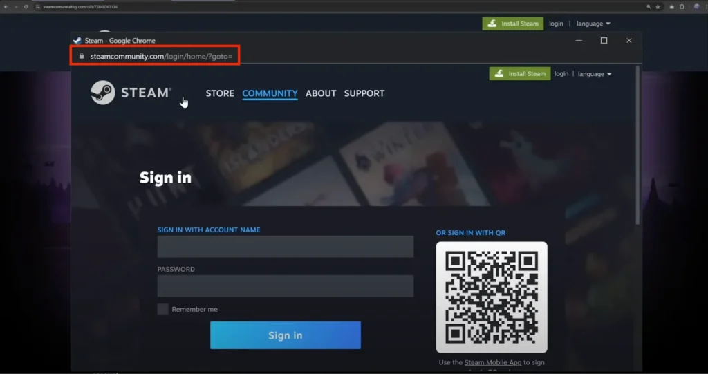 Attacker-controlled browser opens legitimate Steam login page in BitM attack