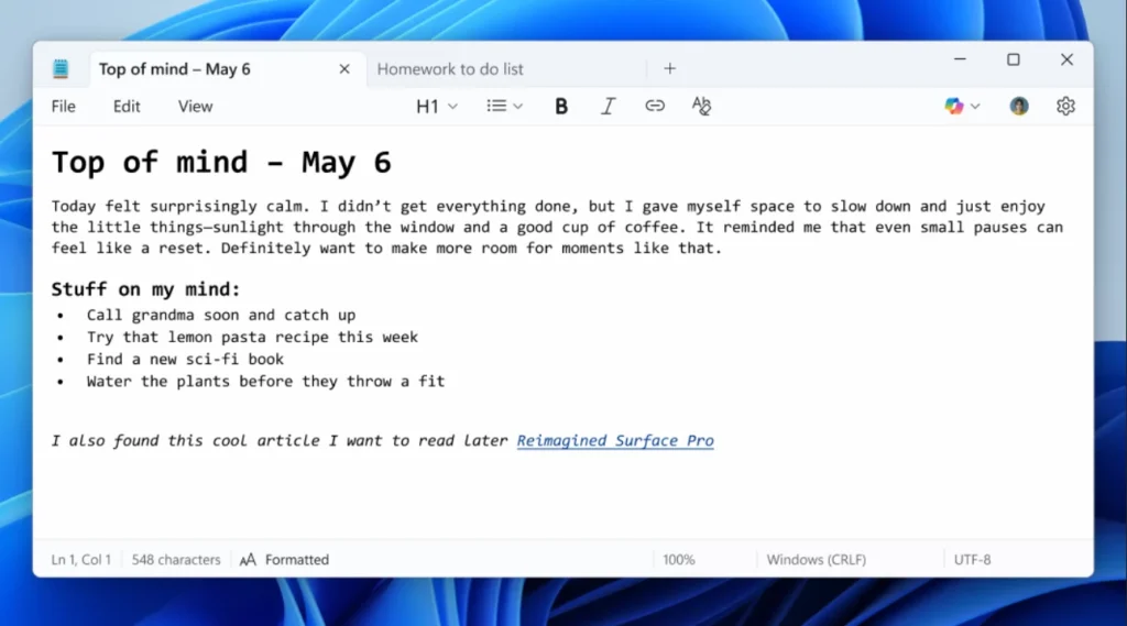 Microsoft Notepad on Windows 11