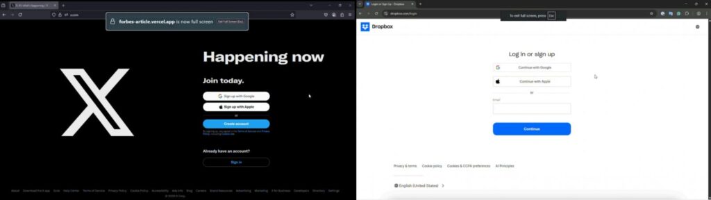 Warning message for fullscreen mode on Firefox (left) and Chrome (right)