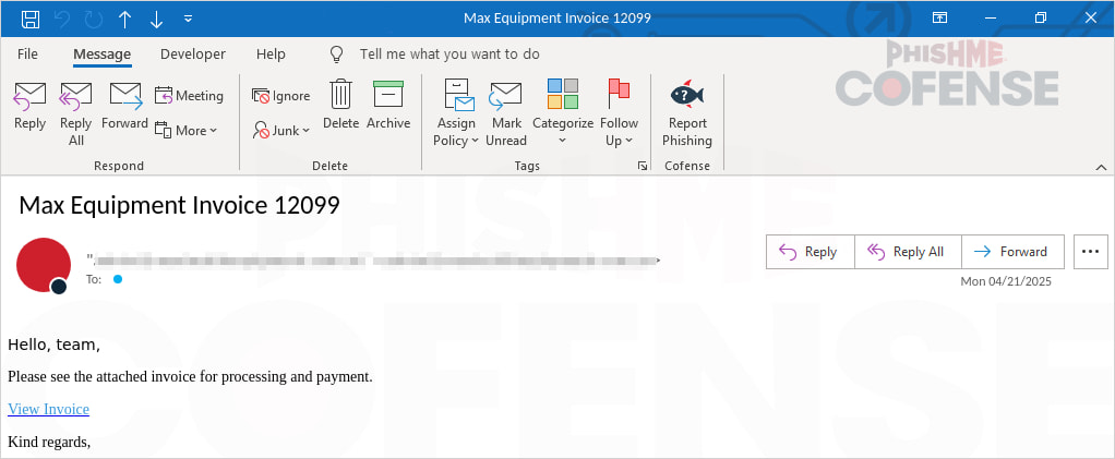 Sample of a phishing email used in the attacks