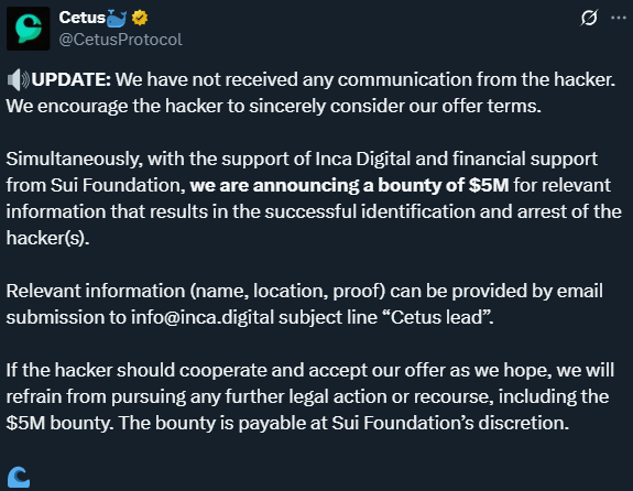 Cetus Protocol offers $5 million bounty for identifying the hacker