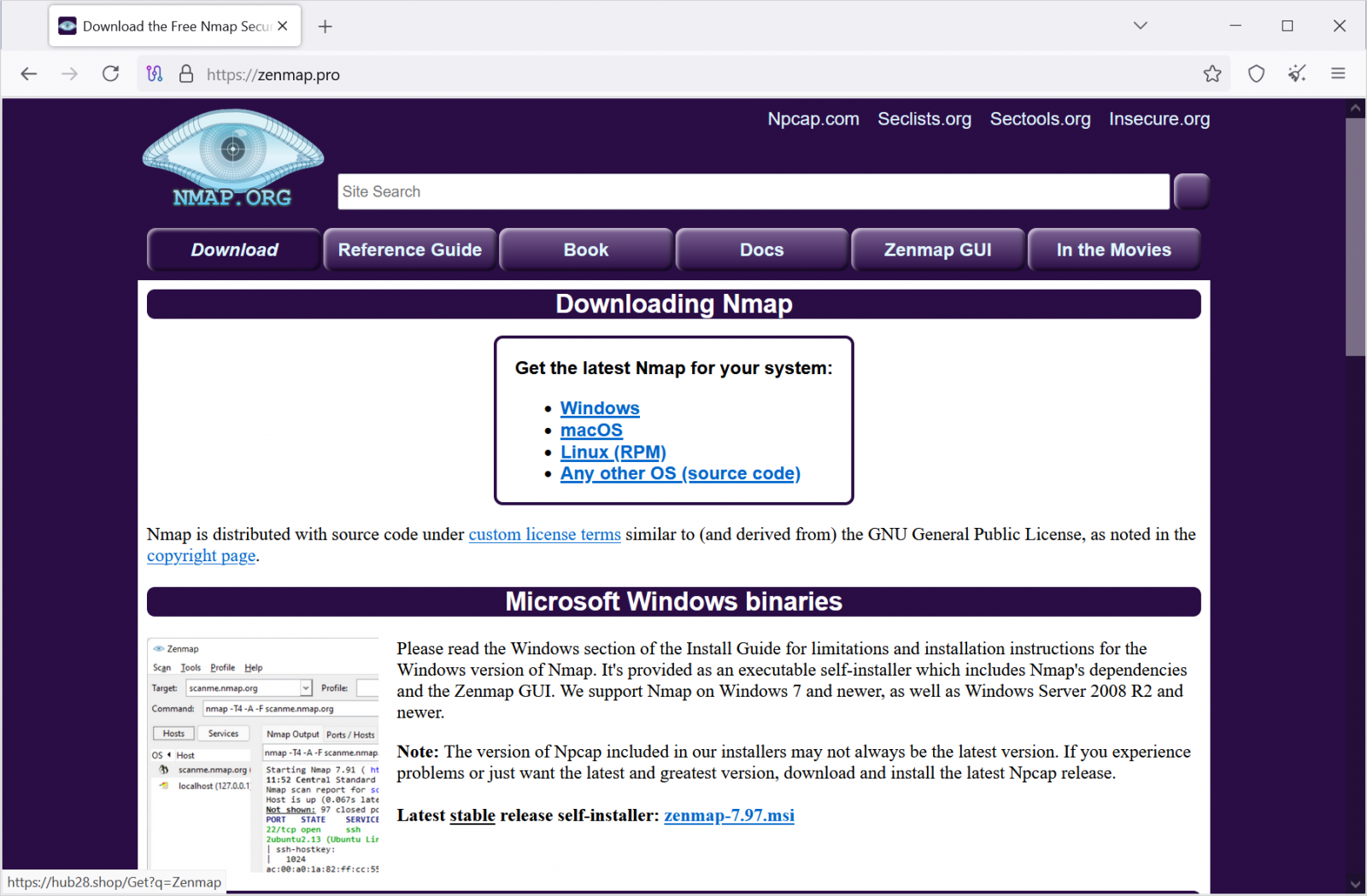 Fake nmap website delivering Bumblebee-infested installers