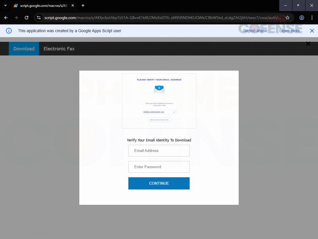Phishing page hosted on Google infrastructure