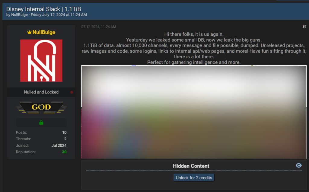 Kramer's Disney post on the BreachForum hacking forum