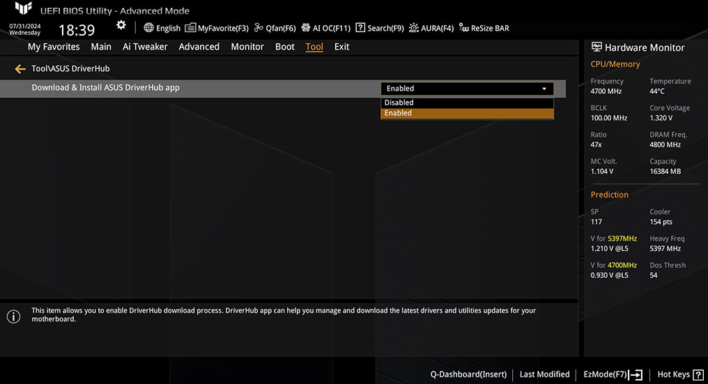 The BIOS setting concerning DriverHub (Enabled by default)