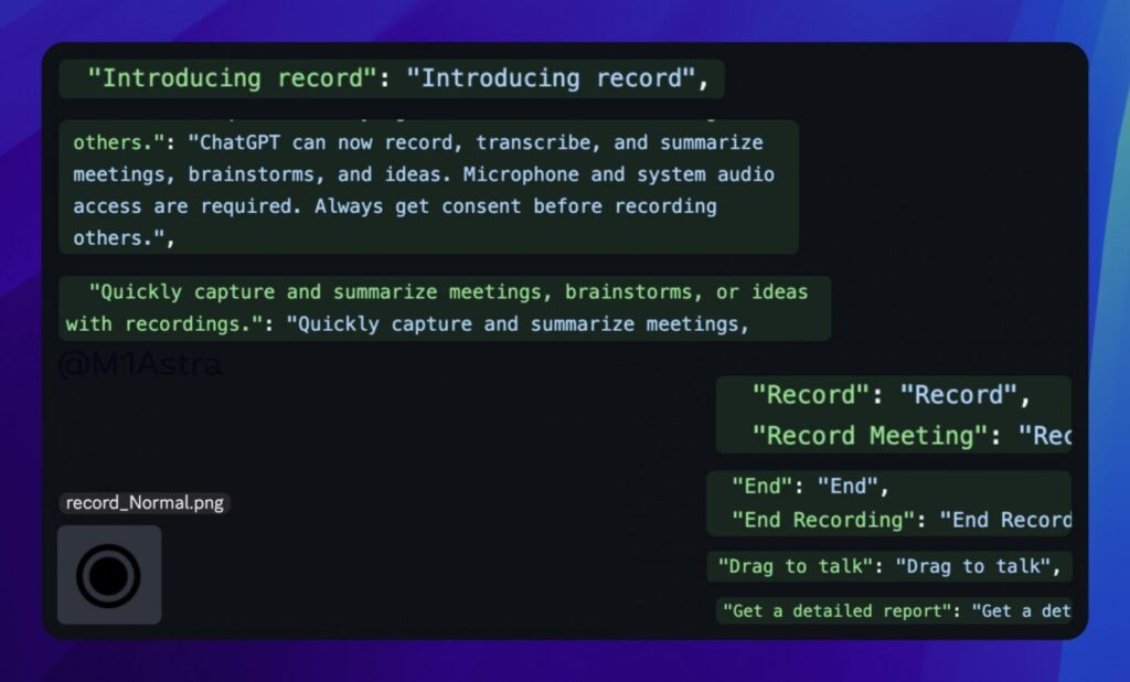 References to new Record feature in ChatGPT mobile app