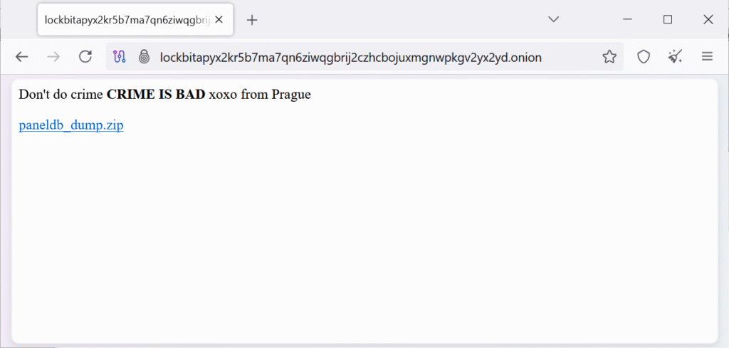 LockBit dark web site defaced with link to database