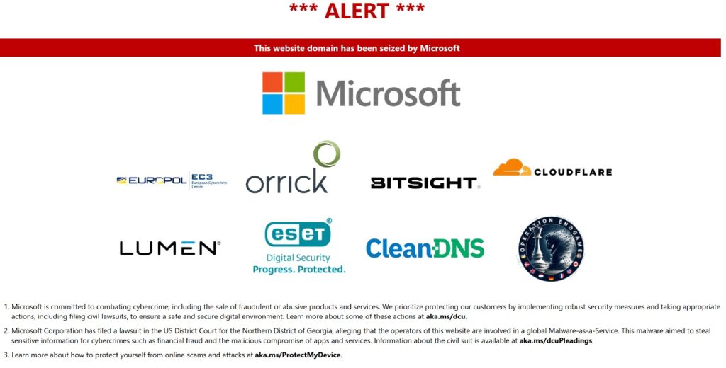 Domain seizure banner (Microsoft)