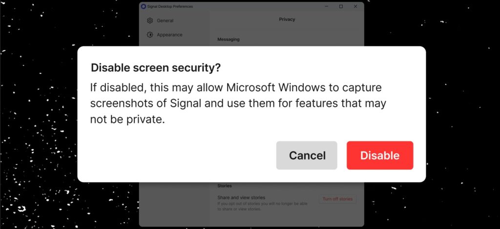 Signal screen security warning (Signal)
