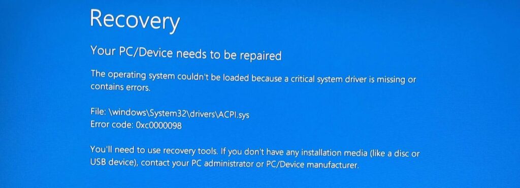 Recovery screen with 0xc0000098 ACPI.sys error (Main-Apartment8743)