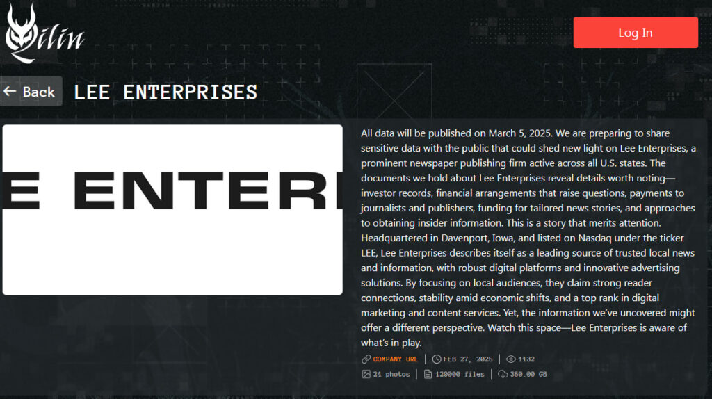 Lee Enterprise entry on Qilin's leak site