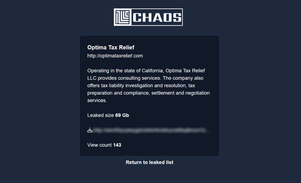Optima Tax Relief entry on Chaos data leak site