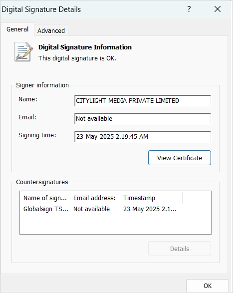 Digital signature on the modified file